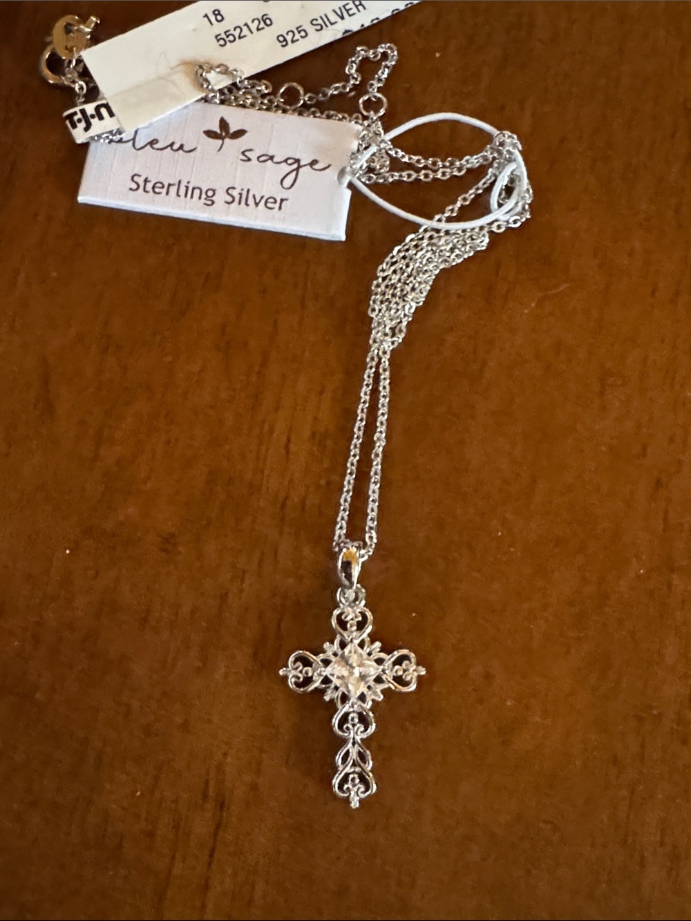 Sterling Silver Filigree Cross Necklace - Silver Crystal in middle of cross